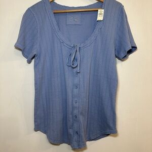 Aerie XL Slate Blue Cotton Top 🌿 Raw Hem Tie Front Button Down